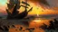 Placeholder: In the style of bob ross, thomas kadinskade and albert bierstadt a painting of a beach with an old ship wreck. Plants growing all over it. Intricate details, dramatic sunset, beautiful