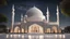 Placeholder: Hyper Realistic Beautiful-Decorated-Huge-Grey-Brick-Mosque with white-marble-flooring & Beautiful-Lighting-Decorations at night with stars on sky & beautiful trees