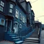 Placeholder: Fotografia di strada assurda e falsa orripilante blu weirdcore dai colori vivaci, liminalcore. Escher. Confusione geometrica. Scale che scendono. Yves Tanguy. Non luogo falso, inusuale. Le case sono false e dipinte di nero chiaro con cose stilizzate e dettagli. Ci sono finestrelle false quadrate, che danno un senso distopico e molto surreale, disposte in modo casuale. L'atmosfera generale sembra noiosa e onirica, con un contrasto tra elementi reali ed elementi dipinti falsi, René Magritte