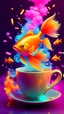 Placeholder: Golden fish sitting in a coffee cup, neon colors, explosions background