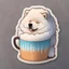 Placeholder: Make a sticker of Fluffy samoyed hugging a cup of steaming coffee.