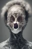 Placeholder: A realistic , 8k high quality image of a person's face from above, face is covered with a plastic, can't breath, suffocating with the face showing like vacuumed under the plastic, eyes open and looking in fear, metaphorically depicting the suffocating grip of anxiety, gothic and dramatic, chaos80 , with debree flying around, abstract