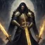 Placeholder: heavy metal album cover art, magical paladin holding glowing golden sword, profound, dramatic, high resolution, sword and sorcery aesthetic, dark fantasy, moody, grand, text "VALDRIN" in heavy metal font