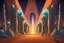 Placeholder: an alley with crystal glass sphinxes on both sides being lit from within on the desert planet Gliese at night, torches, illuminated mesmerising;by architect "Science-Fiction" perspective, vanishing point, symmetrical