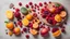 Placeholder: Delicious fruit on round wood chopping board, mango pomegranate raspberries papaya oranges passion fruits berries on off white concrete background, selective focus