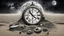 Placeholder: Pale gray summer beach cold, gray, fine mist. An antique clock in the sand shows exactly midnight, black lunar eclipse in the dark sky, endless cosmos with melting stars, cracked and broken sunglasses in the sand reflect the lunar eclipse, midnight, dark, surreal mood, mixed media image, realistic photo with ink, mystical abstract reality