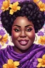 Placeholder: Create a abstract cartoon art style image of a plus size black female looking down with a smile on her face. Prominent makeup with hazel eyes. Highly detailed messy curly bun with a hair scarf tied on her head with large purple daffodil flowers surrounding her. 2k