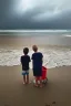 Placeholder: young boy standing and old man sleeping on beach, dark storm clouds overhead, gloomy, bleak, shopping trolley, ship at sea, little fires