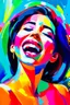 Placeholder: Woman laugh happy in abstract expressionist painting in vivid colors, thick impasto brushstrokes, spontaneous drips and splatters, texture and movement, explore emotions and ideas through non-representational forms --v 5.2