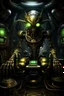 Placeholder: steampunk giant alien with tiny lcds face in a dark in a background A big wall of control system with an alien sitting on it