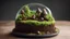 Placeholder: A dessert designed to look like a miniature terrarium, complete with edible soil made of chocolate crumble, tiny marzipan mushrooms, and a glass-like sugar dome. Inside, there's a lush green mousse representing moss. Ultra Realism, beautiful intricate insanely detailed octane render, 5d, 16k, artistic photography, perfect light, chiaroscuro, award-winning photograph, masterpiece, rule of thirds, 35mm lens, adjust perspective