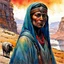 Placeholder: create an ink wash and watercolor portrait of a nomadic tribal shepherdess with highly detailed, delicate feminine facial features, inhabiting an ethereal tropical canyon land in the comic book style of Jean Giraud Moebius, David Hoskins, and Enki Bilal, precisely drawn, boldly inked, with vibrant colors