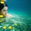 Placeholder: Lale Mansur underwater with yellow flowers for hair, closed eyes, rtx, reflection, 8k, glow, winning photography, caustics