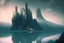 Placeholder: distant modern city, sea, mist, rocks, lake reflection, epic, sci-fi, movie poster