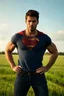 Placeholder: Full-length image, head to toe, create a photorealistic portrait of an extremely muscular Tom Welling Superman standing outside the Kent Farmhouse in a green field with his hands on his hips, in the late afternoon, with natural sunlight casting warm golden light across his face revealing every wrinkle and the texture of his skin, sharp focus on his eyes showing depth, moisture, reflections, with a soft bokeh background