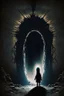 Placeholder: innocent child in dark earthly hellscape, portal opening resembling the Virgin Mary silhouette, terrifying unfamiliar ominous surroundings, dark scary figures looming