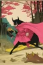 Placeholder: batman adult wearing a bright pink tutu, running away from wild boars. Samurai aesthetics poster 1900.