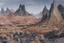 Placeholder: fantasy, illustration, watercolour, inhospitable locale, deserts of black sand, huge plains of dark granite, no water to be found anywhere, and no sunlight, blood-red sky, -brown, -plants, red sky, black sand,