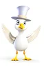 Placeholder: Animated bird standing wearing a white two-tone winged hat