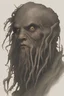 Placeholder: a member of Davy Jones's team, with long dark hair, a fish-human hybrid with a creepy and sad look, a young face, and many body parts replaced with parts of fish, coral starfish moray eels and squids, he is like a creepy mutant fish-man, but in his face you can see the remnants of the human face of a young man with wine on him, that he is in deep drunkenness and on his neck there is a terrible wound, as if someone had cut his throat