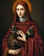 Placeholder: hauntingly illuminated medieval portrait of Saint Gertrude of Nivelles, her serene yet commanding presence radiating from the gilded frame as if stepping through time. Dressed in flowing 7th-century abbess robes of deep burgundy and gold, she cradles two sinuous Oriental Shorthair chocolate point Siamese cats like sacred relics—their piercing blue eyes glowing like sapphires against velvety sepia fur, their angular faces turned toward her with feline reverence. One paw rests on her embroidered s