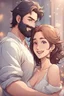 Placeholder: Anime man with beard, handsome and happy, holding wife. Romantic and in love