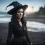 Placeholder: corey feldman as a female witch on a black sand beach ,bokeh like f/0.8, tilt-shift lens 8k, high detail, smooth render, down-light, unreal engine