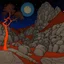 Placeholder: Peaceful, colourful, Max Ernst, Egon Schiele, night sky filled with galaxies and stars, trees, flowers, rock formations, one-line drawing, sharp focus, 8k, 3d, silver rust