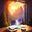 Placeholder: desk, parquet, sheet of paper, little pen, in front of a huge picture window with large view on a waterfall with warm light, sunset ,pixar style, panorama, nature, globe, HD, Hallelujah mountains