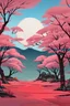 Placeholder: a land scape of Japanese garden, big red moon, red light, black sky, starlight night , surrounded by cherry blossom trees, cel shading