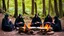 Placeholder: Black robed monks sitting around a fire in the forest