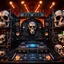 Placeholder: DJ of the damnded, insanely detailed DJ booth in hell, MID set, speakers and equipment made of bone, anatomically correct, add more skulls in th audience, photorealism, vray, 8k 3d, woofers in all empty eye sockets of stage equipment, wide angle, telephoto, from audience, all multicolored skulls,