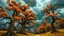 Placeholder: trees in a faraway fairy tale kingdom, orange, yellow, where the trees twisted like gnarled fingers and the skies brooded with stormy clouds, 8k, high quality, trending art, trending on artstation, sharp focus, studio photo, intricate details, highly detailed, by tim burton