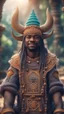 Placeholder: close up portrait of a happy blessed ancient magical king buffalo soldier standing on a desert throne in a space alien mega structure with stairs and bridges woven into a sacred geometry knitted tapestry in the middle of lush magic forest, bokeh like f/0.8, tilt-shift lens 8k, high detail, smooth render, down-light, unreal engine, prize winning