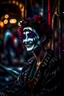 Placeholder: hyper real oil painting portrait of posing laughing dreaming harlequin in cable trolley in goth ruins background, zeiss prime lens, bokeh like f/0.8, tilt-shift lens 8k, high detail, smooth render, down-light, unreal engine, prize winning