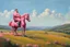 Placeholder: a big fat man sitting on a pink horse in hills like a 19th painting