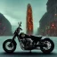 Placeholder: Fire head skeleton Rider wearing a black leather on black motorcycle in the middle of street rounded by high tower in a City