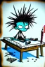 Placeholder: 2d drawing of a stickman, cool with punk hair, x eyes like in hangman, laying down flat on somach on massage table,3d realistic in colour