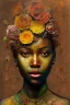 Placeholder: an abstract painting of rusted metal and flowers, african portrait, rust, scaffolding, iron cladding, decay, mixed media, textured, anatomically correct, beautiful perfect face, sharp focus, highly detailed