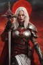 Placeholder: beautiful margot robbie as a sister of battle, warhammer 40k, messy white hair, pale eyes, sadistic, dressed in a revealing bloody armor with long skirt, crucifix, holy symbols, standing on a bloody battlefield, blood moon in the background, sci-fi, confident, highly detailed face, very high resolution
