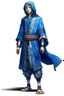 Placeholder: young human rogue in blue accented kimono clothing hood down full body