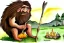 Placeholder: caveman holding a club, cave, cave bear, campfire, stone age, watercolor, masterpiece, mellow, dawn,