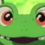 Placeholder: A green frog smiling with teeth, wearing a fun hat, dancing, jumping. Bokeh, fisheye, sparkles, shiny.