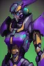 Placeholder: One Genderless Cyborg made of old rusted metal, has a human like face with a really long violet ponytail, the armor is similar to Zero from Megaman. The color palatte of the armour is deep purple and yellow. They have Turquoise colured eyes. The Background is dark grey.