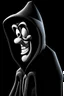 Placeholder: 1950s goofy character with skull face wearing a black hooded cloak, drawn in a early animation rubber hose animation style, inside a diamond shape on a black background, monochromatic