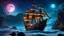 Placeholder: Hyperrealistic Vibrant Mythical And Mystical Hyperrealistic Intricate Dark Spooky Aura Pirate Ship Sailing On Rocky Wavy Seas, Bioluminescent Blue Glowing Vibrant Coloring, All In Beautiful Shades Of Color, Cosmic Galactic Stunning Moonscape Of Many Colors And Bright Stars In The Night Sky With A Gigantic Mystical Full Moon Nebula, 64k Masterpiece, 8k, UHD