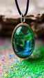 Placeholder: Miniature landscape pendant, resin art jewelry, vibrant green and blue colors, wooden base, oval shape, black cord necklace, macro photography, textured wood, colorful powder scatter, mystical forest waterfall scene, ethereal glow, high detail, depth of field, magical realism, fantasy jewelry design