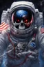 Placeholder: A close up of a skeleton face in an astronaut helmet and suit floating in space. inside the hollow eyes are red shining lights, scary. On his suit is an American flag and in his one hand is a small wavering American hand flag. From the back of his suit is blowing out blue, white and red smoke. Realistic, 8k, highly detailed, funny