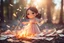 Placeholder: paper money stacks, cute chibi brunette princess desperately throwing a pile of paper money onto a burning bonfire with a pitchfork in sunshine, ethereal, cinematic postprocessing, bokeh, dof