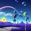 Placeholder: The Grim Reaper and the Skeleton on bubble world, discussing the future of the universe, art by Magritte and Pixar